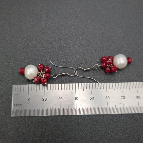 Silver Plated Pearl And Pyrope Garnet Earrings A7275 - Picture 4 of 5